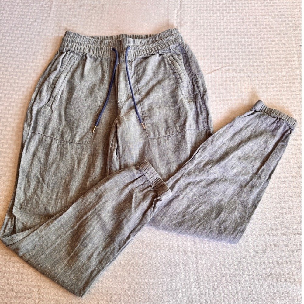 Athleta 100% Linen Joggers Blue Chambray Drawstring Pants Size 2‎ Coastal Summer